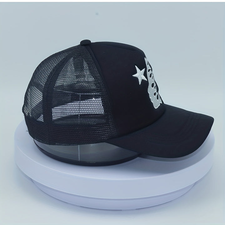 Gorra de Béisbol Ajustable Roja y Negra de Alta Calidad con Adornos Blancos: Dragón/Estrella/Cruz//Sol/Luna/Luna & Estrella - Gorro Transpirable para Mano o Limpieza en Secado, Diseño Sin Costuras Ideal Para Casual e Exteriores