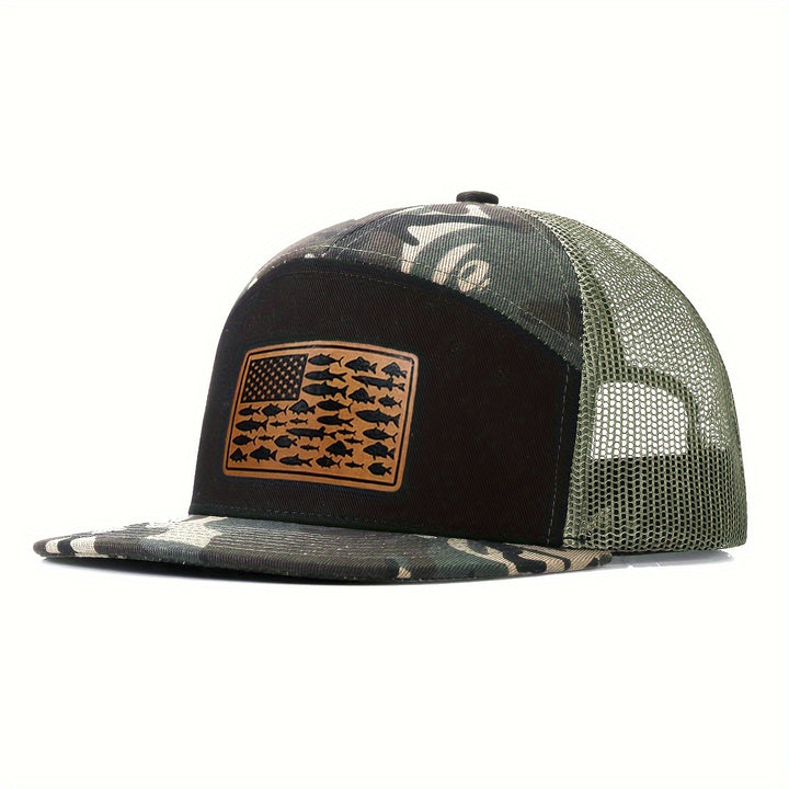 Gorra Trucker de 7 Paneles con Parche de la Bandera Americana - Parte Trasera de Malla Transpirable, Snapback Ajustable, Ligera y Duradera para Pesca, Senderismo, Camping, Actividades al Aire Libre - Unisex, Sombrero para Exteriores | Gorra Trucker Elegan