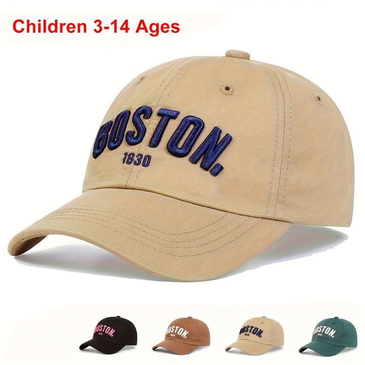 Gorra de Béisbol Bordada Boston Ajustable para Niños - Protección Solar, Sombrero Casual para Exteriores en Beige, Verde, Marrón con Visera Curva para el Día a Día y Viajes, Apta para Edades de 3-14