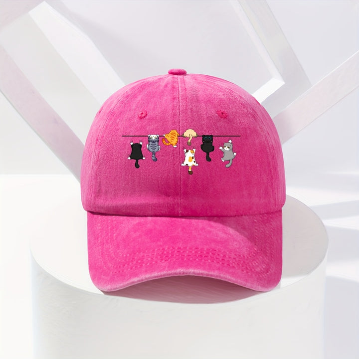 Tela. Adorable gorra de béisbol con temática felina, perfecta para la moda urbana, con un diseño divertido y vibrante adecuado para cualquier temporada.