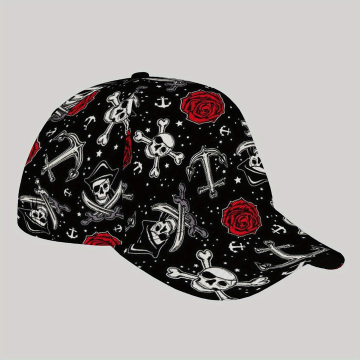 Gorra de béisbol estilo gótico JAIXIWU - Negro con diseños de cráneos blancos, rosas y espadas, gorra de sol casual para deportes al aire libre, ajuste ajustable, fibra de poliéster, gorra de béisbol.