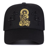 Gorra de béisbol con cruz de Jesús para hombre - ajustable con cierre de clic, ligero poliéster, negro con diseño de cruz dorada y halo, ideal para exteriores, uso casual, primavera y otoño, vacaciones de playa, viajes, sombrero de playa