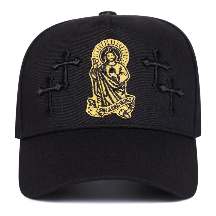 Gorra de béisbol con cruz de Jesús para hombre - ajustable con cierre de clic, ligero poliéster, negro con diseño de cruz dorada y halo, ideal para exteriores, uso casual, primavera y otoño, vacaciones de playa, viajes, sombrero de playa