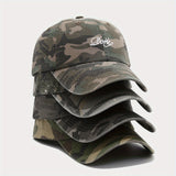 Gorra de béisbol de camuflaje americana para mujeres, lavada y desgastada, suave, transpirable, ajustable, poliéster, con detalles de bordado, estilo vintage para ropa de trabajo masculina.