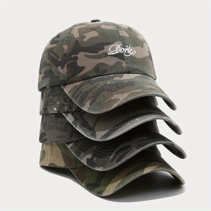 Gorra de béisbol de camuflaje americana para mujeres, lavada y desgastada, suave, transpirable, ajustable, poliéster, con detalles de bordado, estilo vintage para ropa de trabajo masculina.