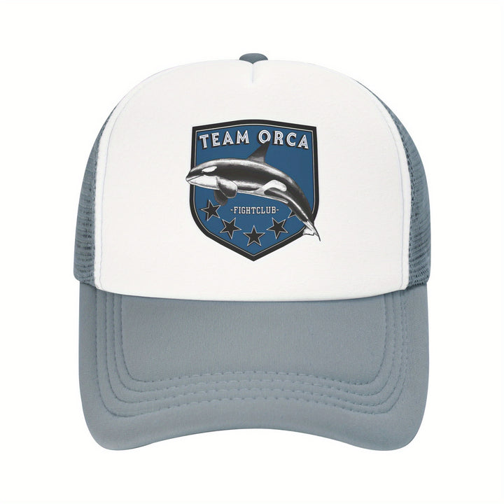 Gorra de regreso de Team Orca - Malla ligera y transpirable para hombres y mujeres, negro con diseño blanco, ideal para uso casual y diario, regalo de vacaciones perfecto, gorra para todas las estaciones | Gorra de camionero estilosa | Equipamiento de cab