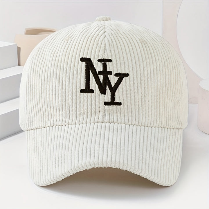 Gorra ajustable NY con logo bordado, unisex, negra/blanca tipo pana, ligera y abrigada para invierno y todo clima, bordado temático NY, regalo casual para fans (lavable a mano)