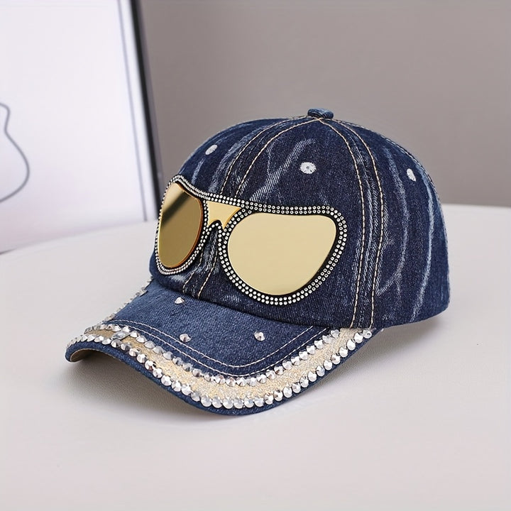 Gorra de Béisbol con Rhinestones para Mujer, Estilo Y2K Clásico Azul, Nuevo Sombrero Europeo y Americano al Sol, Diseño en Forma de Gafas e Incrustaciones de Cristales, Ideal para Uso Diario o Festivales Musicales