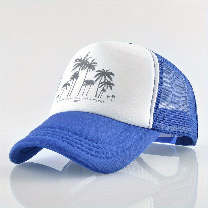 Gorra de béisbol de malla con patrón de árbol de coco, ajustable con cierre de clic, poliéster transpirable para hombres y mujeres, sombrero casual para vacaciones al aire libre, accesorio de playa.