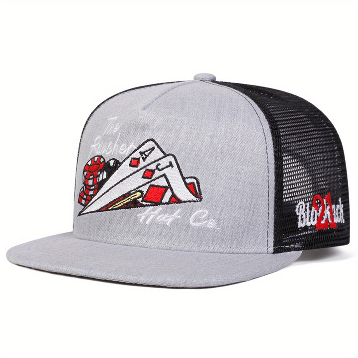 Gorra de béisbol con diseño de cartas de póker para hombres, ajustable con cierre trasero y malla, estilo deportivo casual, 100% poliéster, ideal para viajes de primavera/otoño y vacaciones en la playa