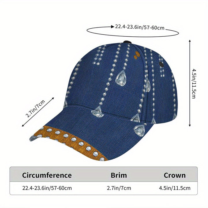 1pc Gorra de Béisbol con Estampado 2D Rhinestone Drizzle Glam - Poliéster Ajustable Snapback, Diseño Vibrante Completo, Ideal para Deportes, Running al Aire Libre y Estilo Urbano