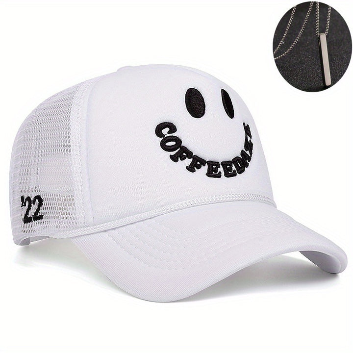 Conjunto de 2 piezas, sombrero + 'adornos', 2025 nuevo rostro sonriente bordado, casual, simple y transpirable gorra de béisbol para mujer, ligera, ajuste ajustable, tejido artesanal, tema de ocasión, lavado a mano o limpieza profesional, gorra de béisbol