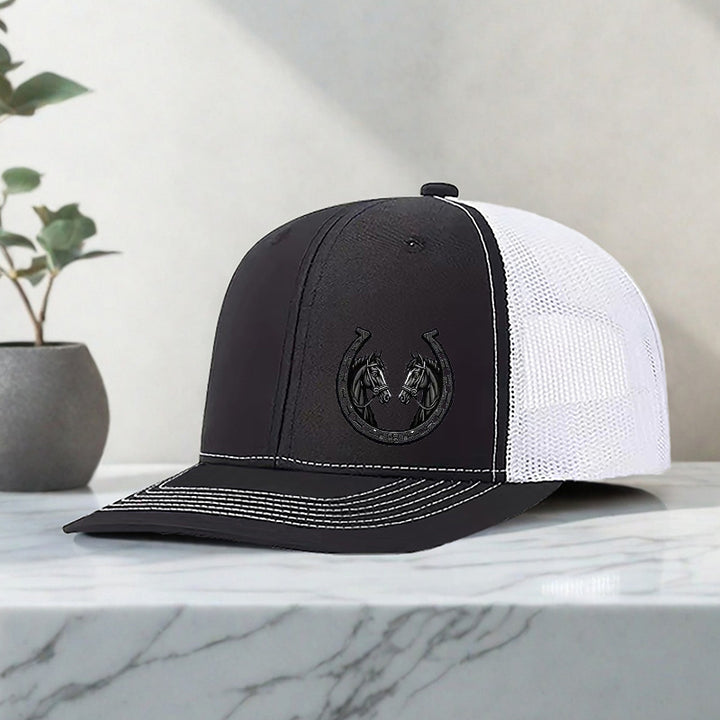 Gorra de béisbol negra para hombre con estampado de herradura de caballo doble, transpirable y ajustable, diseño ligero y duradero, ideal para deportes al aire libre y uso casual | Gorra ajustable | Tela de malla transpirable