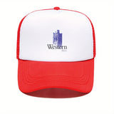 1pc Gorra de Béisbol Estilo Trucker con Logo de Música Occidental - Sombrero de Papá Transpirable en Poliéster con Panel Frontal Blanco y Visera Rosa, Gráfico de Nota Musical y Sombrero Vaquero, Ropa Casual Unisex para Hombres y Mujeres, Accesorio para Di