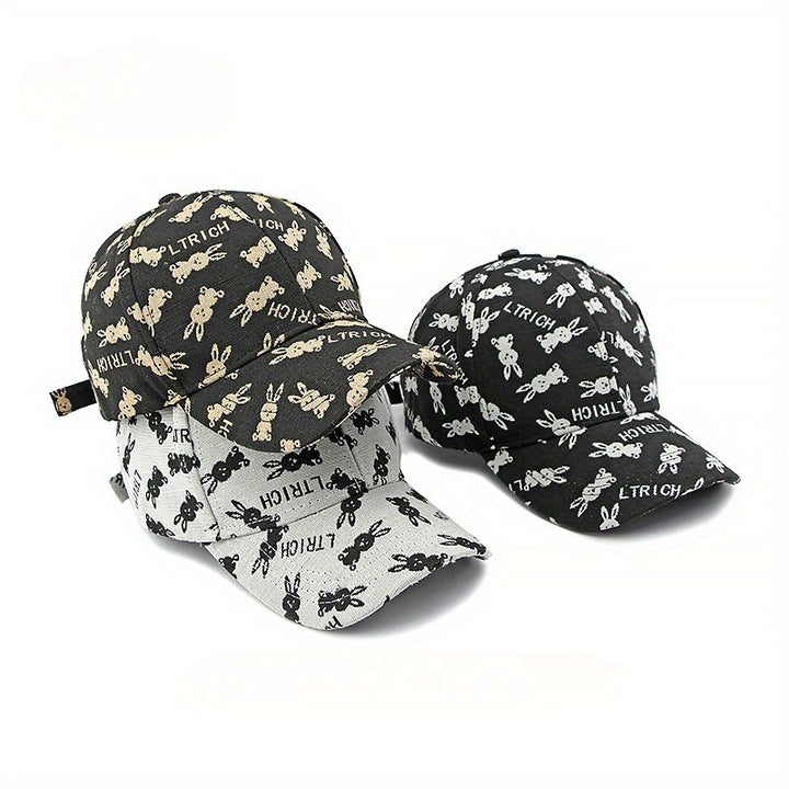 Gorra de béisbol ligera para mujer con diseño bordado de conejo - Snapback ajustable, negro y beige, cara pequeña - Adecuada para primavera/verano, ropa casual para la cabeza | Accesorio de cabeza elegante | Gorra ligera