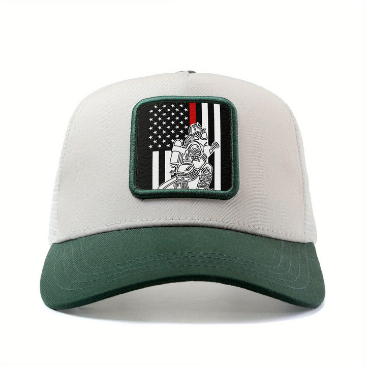 Gorra de béisbol unisex con malla trasera, bandera de EE. UU. y bomberos ajustable, gorra trucker estilo hip hop anime, gorra transpirable para verano al aire libre