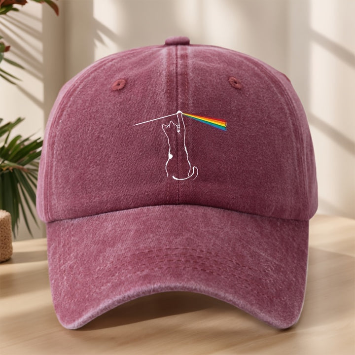 Gorra de béisbol divertida con estampado de gato arcoíris - Gorra retro lavada clásica, suave, cómoda y transpirable con cierre ajustable para actividades al aire libre y vacaciones