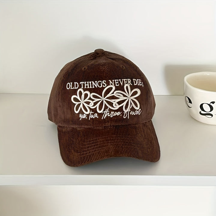 Gorra de béisbol retro floral para mujer con texto japonés y adornos florales - Cierre ajustable snapback, ajuste estructurado ligero