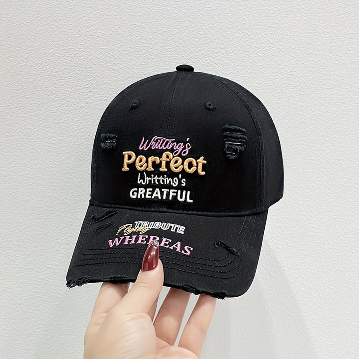 Nueva gorra de béisbol con letras bordadas suaves y rasgadas - Estilo callejero americano para parejas, gorra de béisbol versátil para caras pequeñas y grandes, solución transpirable y sin sudor.