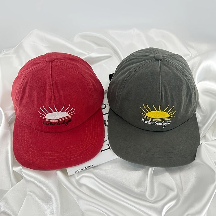 Gorra de Béisbol de Poliéster Bordada, Ajustable y Ligera con Visera Plana para Estilo Urbano, Gorra de Pato Hip-Hop con Diseño de Sol, Lavable a Mano