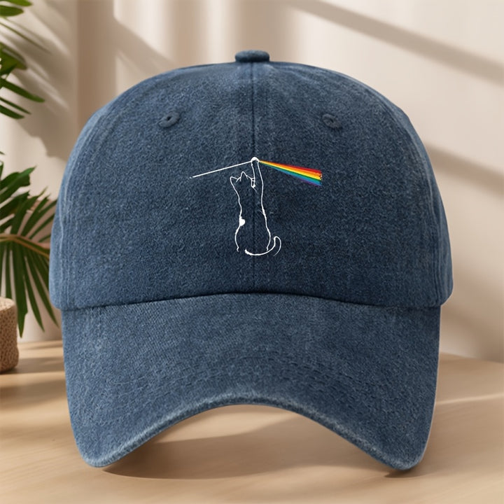 Gorra de béisbol divertida con estampado de gato arcoíris - Gorra retro lavada clásica, suave, cómoda y transpirable con cierre ajustable para actividades al aire libre y vacaciones