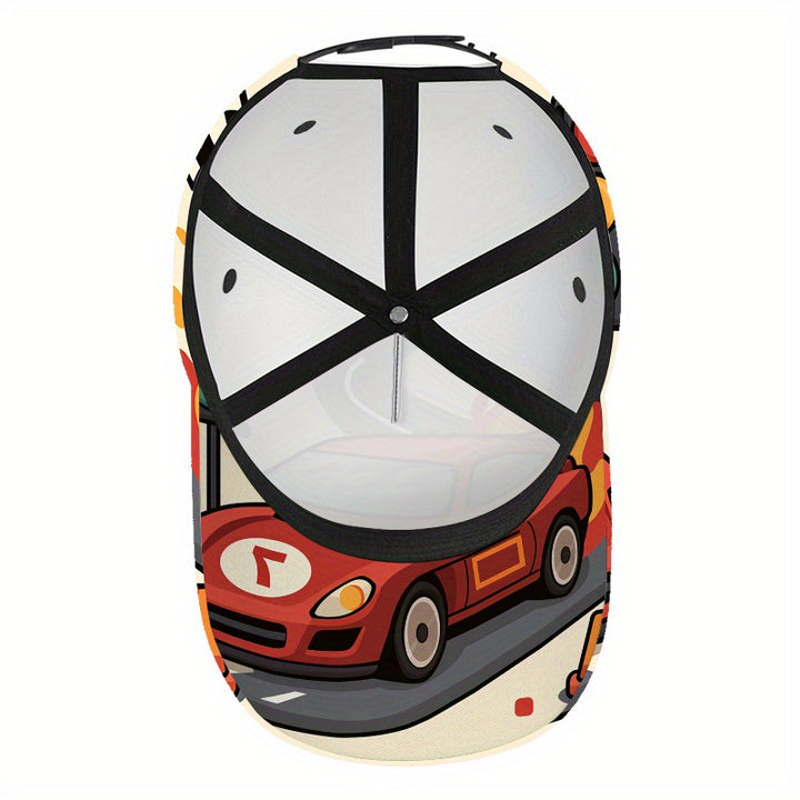 1 gorra de béisbol con estampado de coche de carreras en llamas - Gorra de poliéster con diseño vibrante de cuerpo completo, ligera y ajustable para deportes al aire libre y uso casual, accesorio ajustable para la cabeza | Gorra con estampado vibrante | G