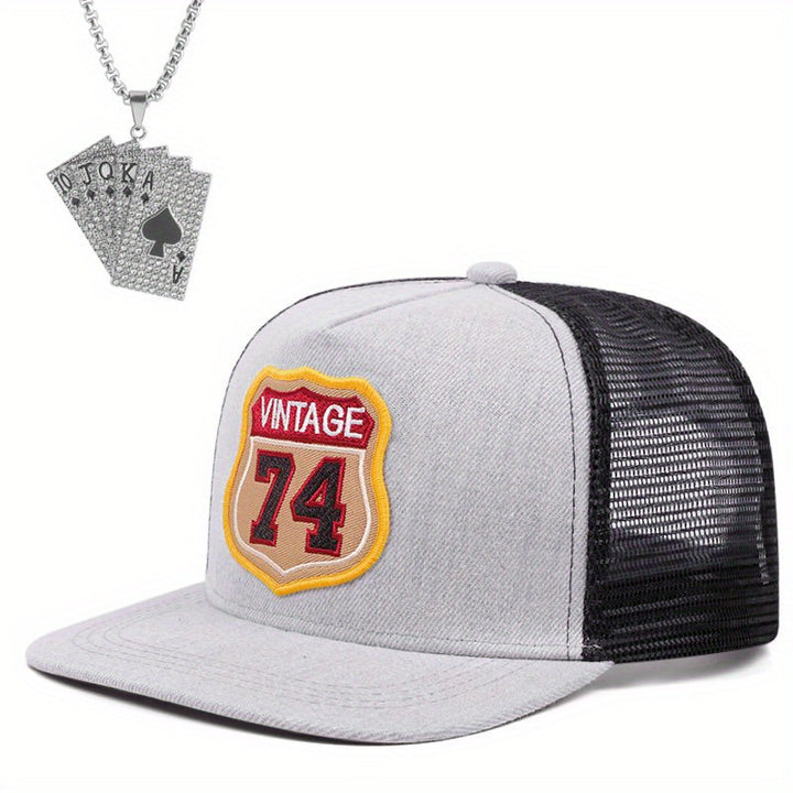 2 piezas de gorra plana de hip hop vintage 74 y collar con cadena - Negro, ligero, a prueba de viento, poliéster, cierre con hebilla, perfecto para actividades al aire libre en otoño e invierno, regalo ideal de Navidad, equipo al aire libre | Estilo vinta