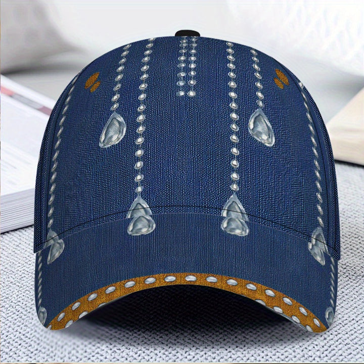 1pc Gorra de Béisbol con Estampado 2D Rhinestone Drizzle Glam - Poliéster Ajustable Snapback, Diseño Vibrante Completo, Ideal para Deportes, Running al Aire Libre y Estilo Urbano