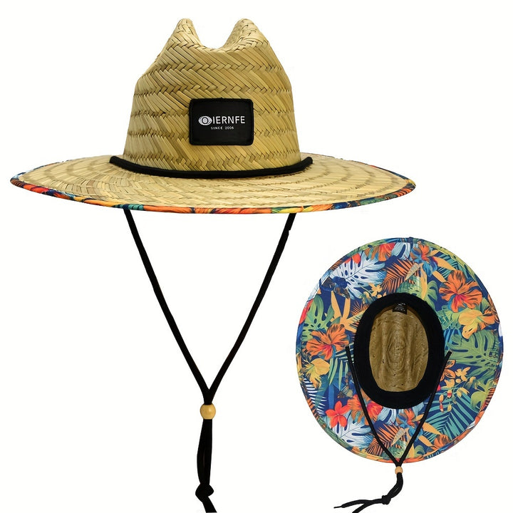 Sombrero de paja para mujer OIERNFE, ala ancha, transpirable y con protección, gorra para playa y deportes al aire libre, barbiquejo ajustable, estampados vibrantes, accesorio para campamento de verano | Sombrero de ala ancha | Gorra de protección solar