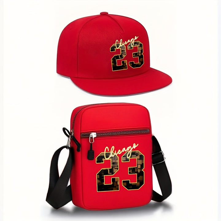 2 piezas de Chicago 23, gorra de béisbol con estampado dorado y bolso bandolera, conjunto ajustable con cierre de clic, estilo streetwear para deportes al aire libre, uso casual, regalo perfecto para hombres, logo de Chicago 23, gorra con espalda de ma...