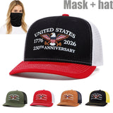 Dos Paquetes Gorra Trucker Águila del 250 Aniversario de EE. UU. + Set de Máscara - Rojo Patriótico y Diseño, Snapback Ajustable, Parte Trasera de Malla Transpirable, Absorbente de Humedad, Ideal para Deportes al Aire Libre y Uso Casual, Perfecto para ...
