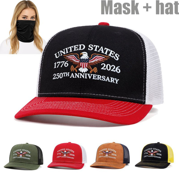 Dos Paquetes Gorra Trucker Águila del 250 Aniversario de EE. UU. + Set de Máscara - Rojo Patriótico y Diseño, Snapback Ajustable, Parte Trasera de Malla Transpirable, Absorbente de Humedad, Ideal para Deportes al Aire Libre y Uso Casual, Perfecto para ...