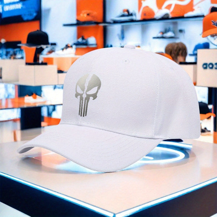 Gorra de Béisbol para Mujer con Estampado de Calavera Punisher - Ajustable, Ligera y Transpirable de Poliéster, Ideal para  y Senderismo, Negra con Estampado Blanco, Diseño Moderno de Estilo Urbano para Comodidad Todo el Año. Tejido de Tela