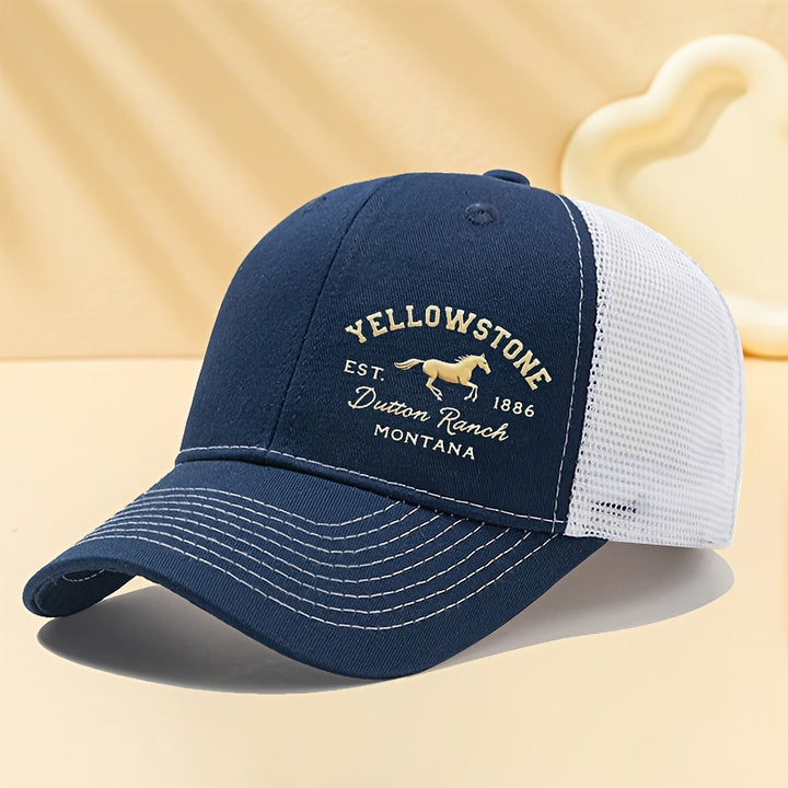 1-Pack Gorra de Béisbol Yellowstone - Sombrero Ligero Sin Elasticidad con Año de Fundación (1886), Visera Curva para Exteriores, Viajes y Camping - con Letras Doradas - Gorra Unisex para Hombres y Mujeres, Diseño Estilizado en Malla Transpirable