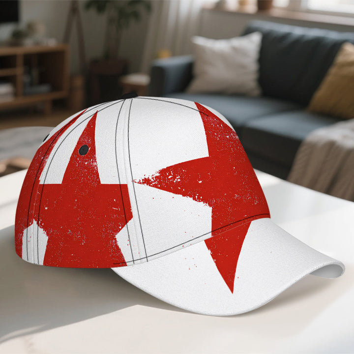 1 pieza, gorra de béisbol con estampado de icono de estrella rústica roja 2D - Estampado vibrante de cuerpo completo, gorra ligera de poliéster con cierre, perfecta para deportes, correr y moda de calle
