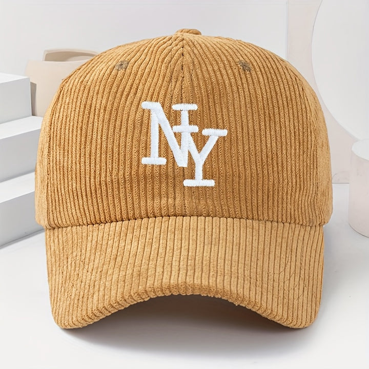 Gorra ajustable NY con logo bordado, unisex, negra/blanca tipo pana, ligera y abrigada para invierno y todo clima, bordado temático NY, regalo casual para fans (lavable a mano)