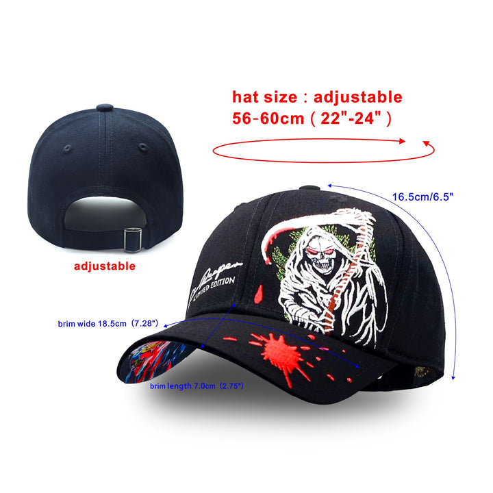 1 gorra de béisbol Tilgomedal, bordado de calavera estilo Grim Reaper, gorra ajustable ligera para hombres y mujeres, lavable a mano, estilo gótico rockero