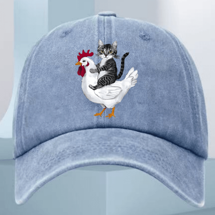 Gorra de Béisbol Ajustable para Hombre con Estampado de Gato y Pollo - Azul Marino, Tejido Suave y Correa Ajustable, Diseño Divertido, Ropa Casual, Gorra Única, Accesorio Duradero