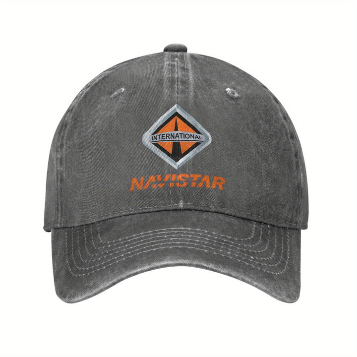 Gorra de béisbol internacional Navistar 2025 - Negro lavado con logotipo rojo y naranja, algodón transpirable, ajuste ajustable para deportes al aire libre, golf, running - Regalo elegante para hombres y mujeres