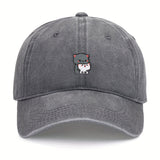 1 pieza de gorra de béisbol bordada con dibujos animados de gatitos grises y blancos, ajustable, ligera, transpirable, para todas las estaciones, poliéster, 100g/m², con instrucciones de cuidado de lavado a mano.