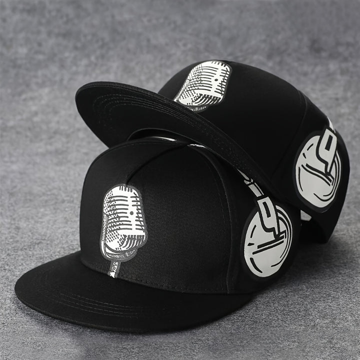 Tela. 1 gorra de béisbol hip hop con diseño de micrófono - Sombrero solar casual para hombres y mujeres, estilo deportivo, material, perfecto para actividades al aire libre, gorra para exteriores | Sombreros elegantes | Sombreros duraderos