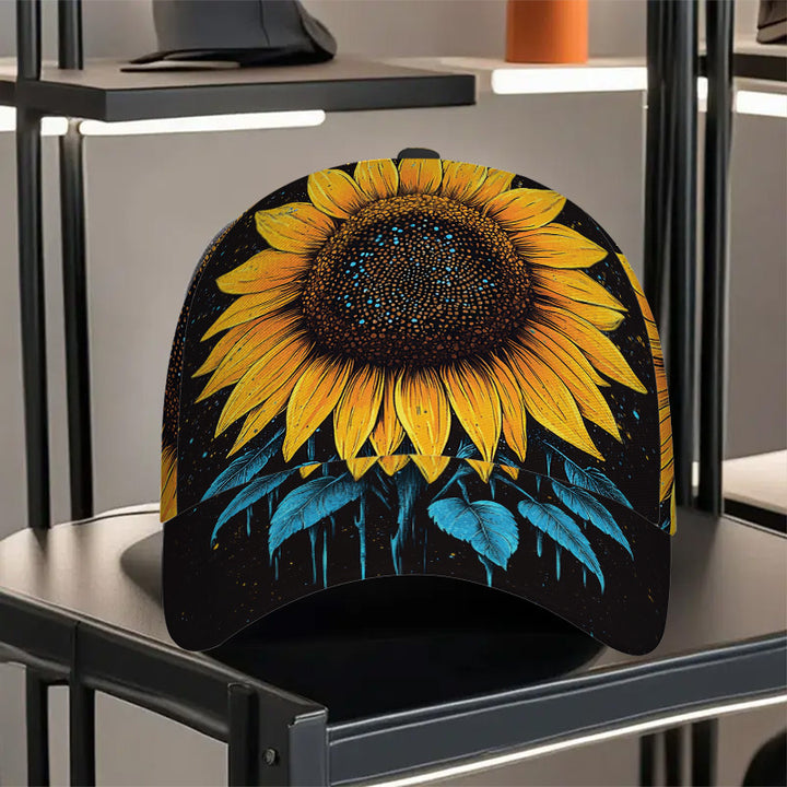 1 Gorra de Béisbol para Hombre - Estampado de Girasol en Degradé Amarillo a Azul, Correa Ajustable, Ideal para Eventos Casuales y Formales, Halloween/Navidad/Acción de Gracias, Sombrero Diario y de Fiesta, Accesorio Elegante para Vacaciones