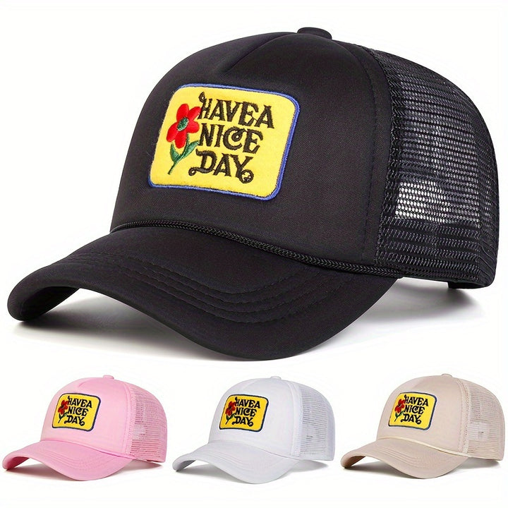 Gorra de béisbol floral para hombres, TEN UN BUEN DÍA, moda de malla de verano, sombrero de camionero para protección solar al aire libre, ajustable, gorra casual para primavera, otoño, viajes, playa y vacaciones