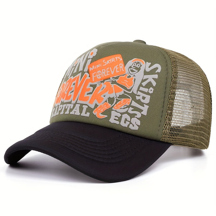 Esta malla ajustable y perforada es apta tanto para hombres como mujeres en estilo hip-hop. Cuenta con letras inglesas e ingeniosos bordados de temática urbana, ideal para deportes al aire libre, ciclismo, conductores de camiones y papás