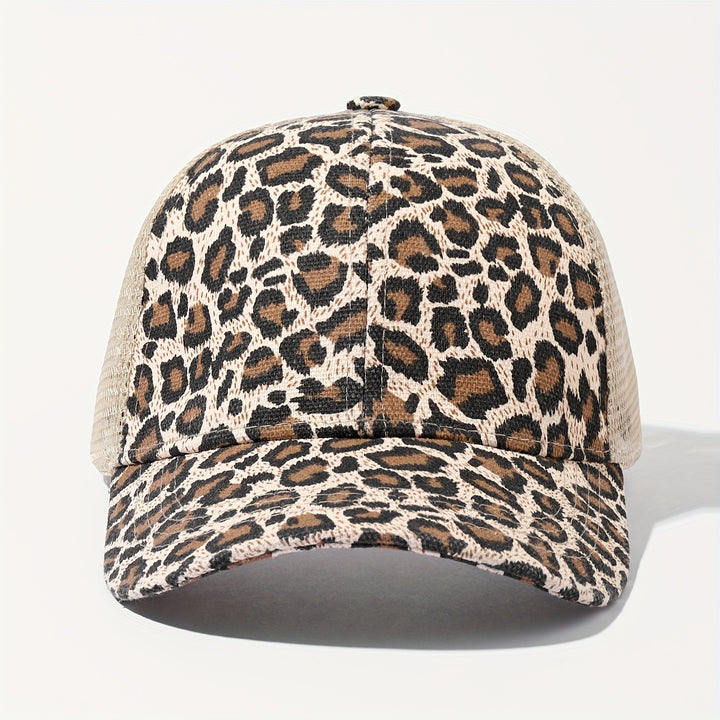 1 pieza, gorra de béisbol sexy para mujer con estampado de leopardo, agujero para cola de caballo, parte trasera de malla transpirable, cierre ajustable con cierre de clic, ala ancha, ideal para ropa de calle y actividades al aire libre.