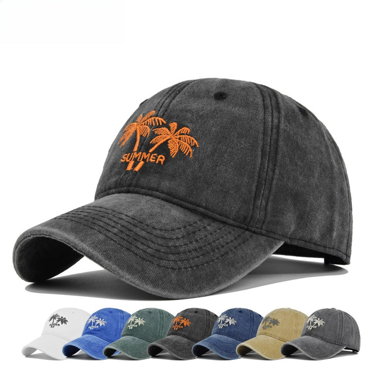 Gorra de béisbol bordada con diseño de palmera de coco - Sombrero de sol retro lavado y envejecido con visera curva, tejido transpirable no tejido, ajuste elástico para fútbol, Mardi Gras