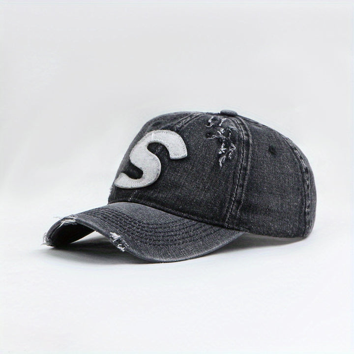 Gorra de Béisbol de Denim Lavado de Alta Calidad para Mujeres con Diseño Desgastado, Letra Grande S a la Moda, Gorro Duckbill Versátil y Casual para Hombres