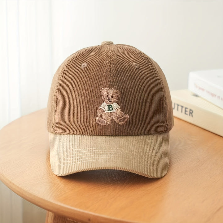 1 Gorra de béisbol unisex de pana con lindo diseño de oso y la letra B - Cierre ajustable con visera, tejido transpirable, doble tono marrón/patchwork, para otoño/invierno, gorra casual y deportiva para hombres y mujeres (Lavar a mano únicamente) - Regalo