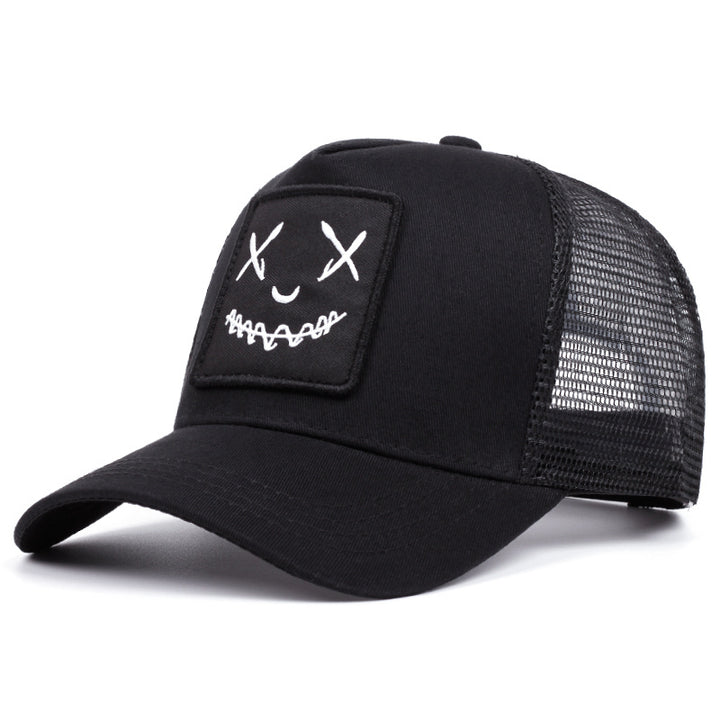 Gorra de camionero retro para hombres con parche de cara alegre y respaldo de malla - Gorra suave y transpirable, gorra casual para todas las estaciones en /blanco/azul marino/rojo/gris/azul - Ajuste estructurado para uso diario y eventos temáticos (Mardi