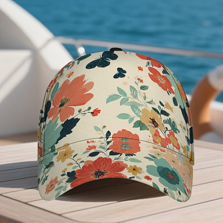 1 gorra ajustable de béisbol con estampado floral 2D de cuerpo completo - Diseño vibrante de flores y hojas, transpirable para deportes, running, gimnasio y actividades al aire libre - Estilo moderno para ropa casual urbana (Poliéster)